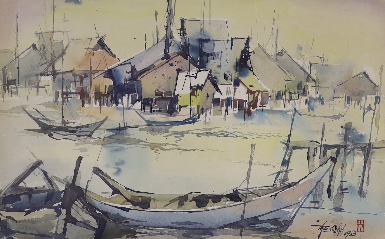 Long Thien Shih (Malaysian, b.1946), watercolour, View of a fishing village, signed and dated 1963, 40 x 63cm